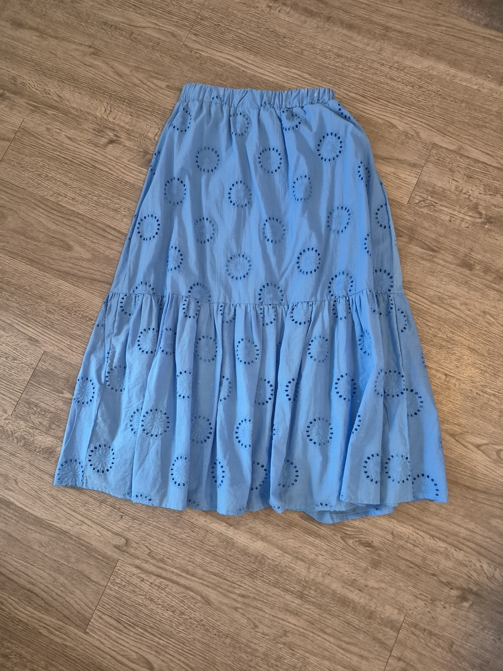 Papillion 100% Cotton Sky Blue Eyelet Tiered Maxi Skirt